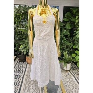 Indah White Cotton Halter Midi Dress Size S Button Back Swiss Dot Boho Resort